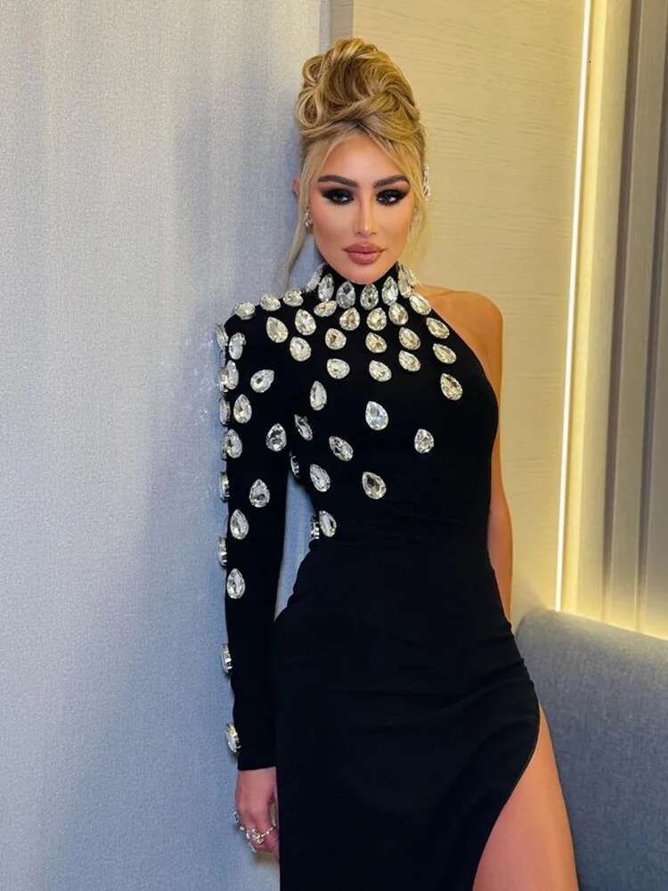 Women Celebrity Sexy Single Sleeve Rhie Black Maxi Long Bodycon Bandage 2023 Elegant Evening Club Party Dress