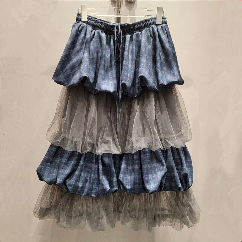 2024 Autumn New Niche Personality Sweet Girl Mesh Patchwork Grid Design Mid Cake Half Length Skirt
