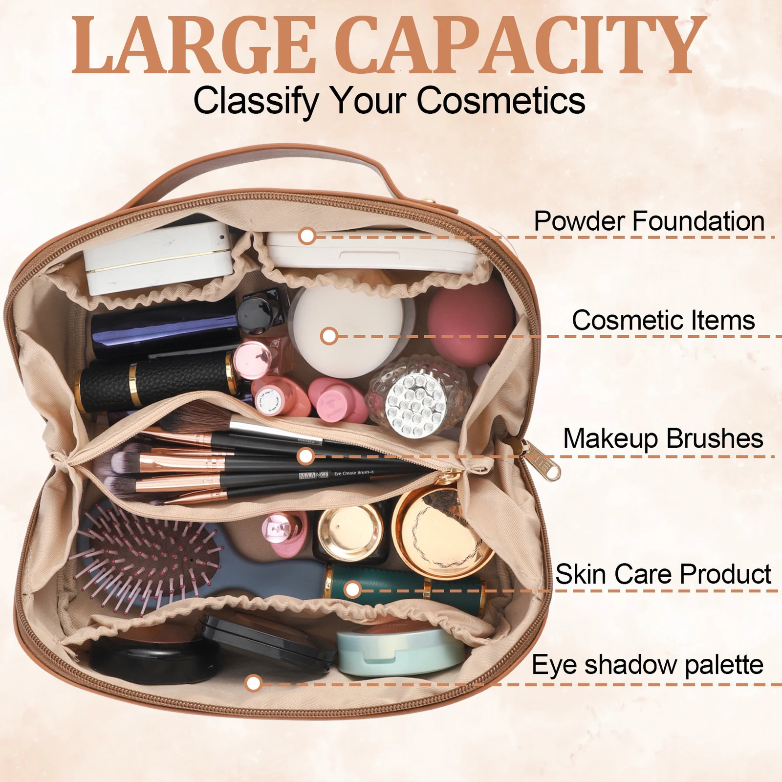 Travel makeup bag with divider and handle portable PU leather waterproof toilet large capacity womens 250311