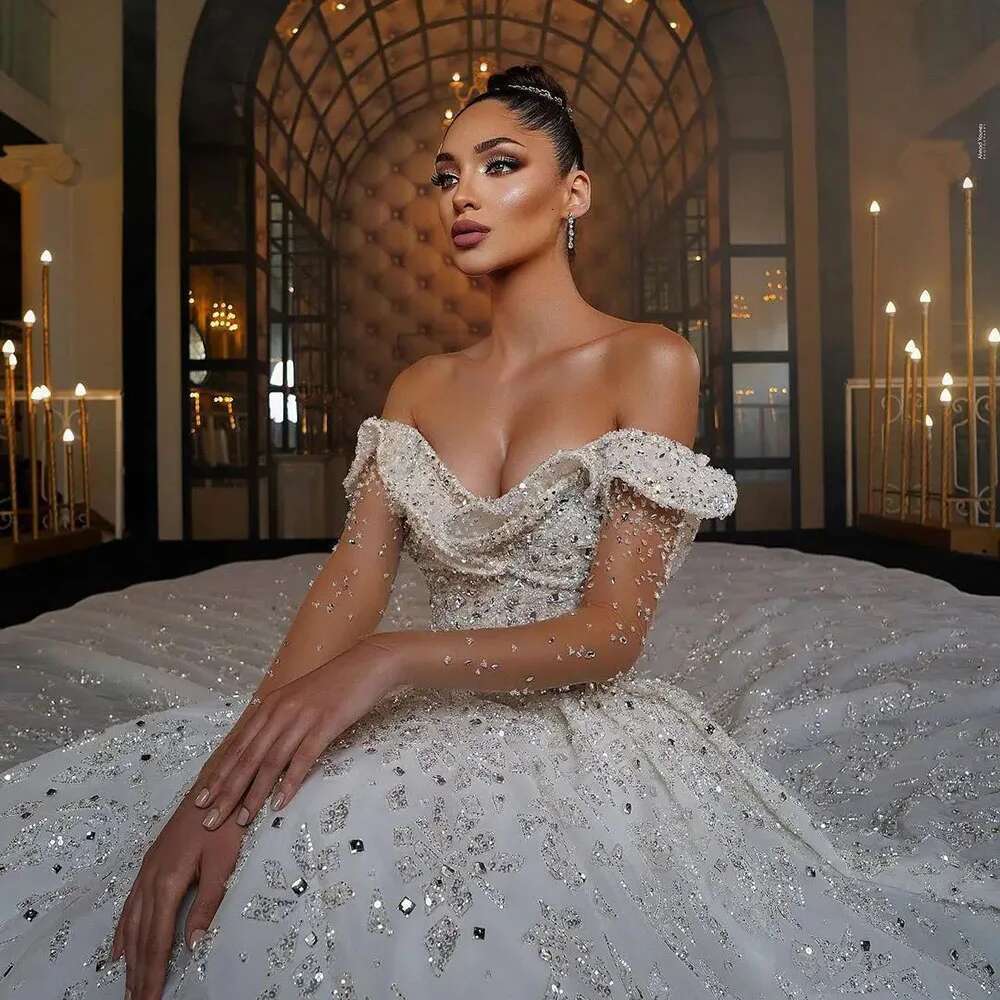 Arabic Crystals uoso Dresses Ball Gown Off Shoulder Lace Sequins Beads Custom Wedding Dress