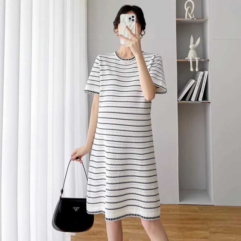Maternity Summer Loose Fashion Striped Pleated Short Sleeve Dress Openwork Knit For Nursing Pregnant Maternity Clothes DressT250311