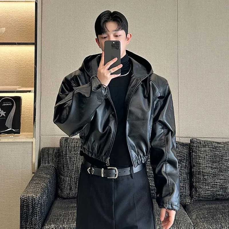IEFB American Style Mens Jackets Casual Pu Leather Drawstring Hooded Solid Color Loose Male Coats Personalized Autumn 9C7986T250311
