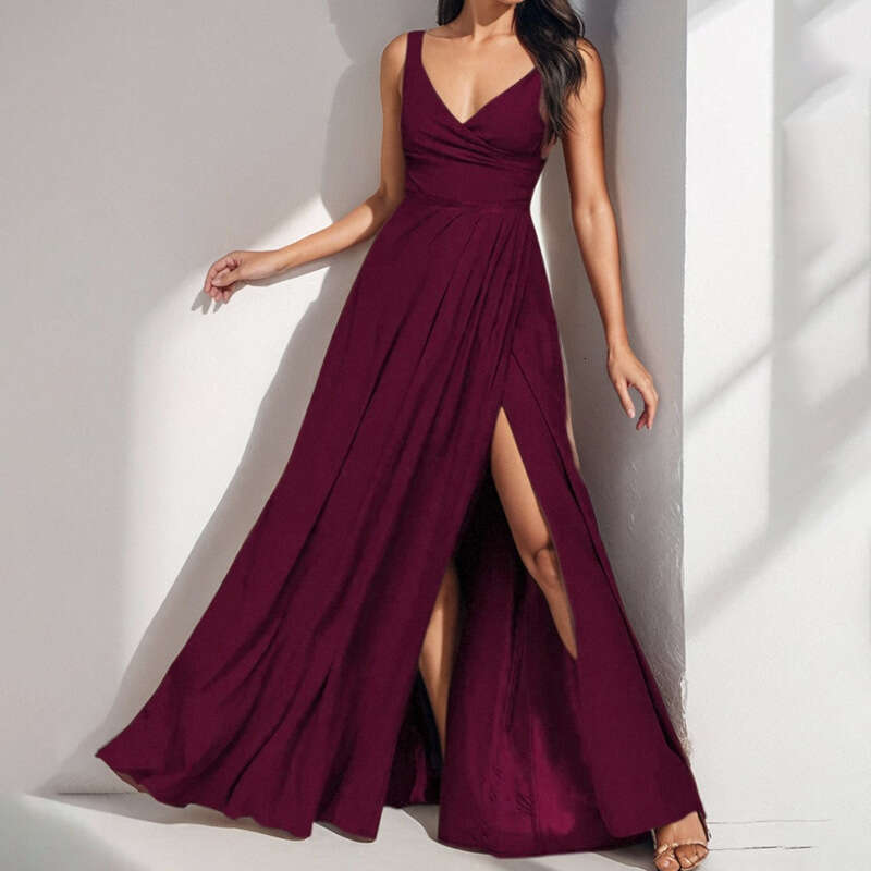 2025 Spring Women's Clothing Style Solid Color Strap Slips, Drawn Waist, Big Swing New Year Dress KLMY