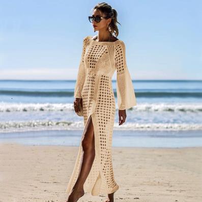 Sexy Hollowed Out Knitted Beach Sleeved Slit Vacation Long Skirt, Swimsuit, Outer Cover, Sun Protection Suit