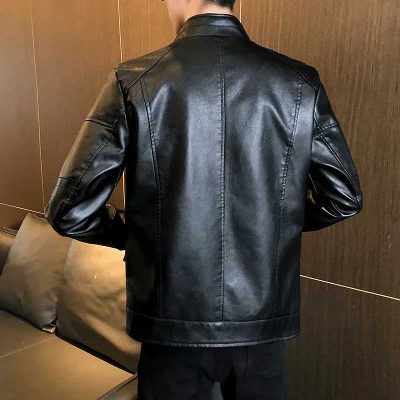 Stand Collar Mens Fashion Leather Jacket Slim Fit Casual Business Leather Jacket Mens Leather Jacket Top Clothing Trend JacketT250311