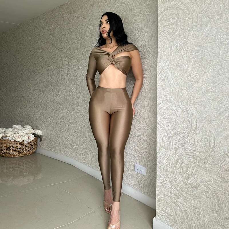 Fall New The Navel Exposed Design Sense Single Sleeve Top+Thin Slim Pants Casual Set Elegant Lady Party For Woman