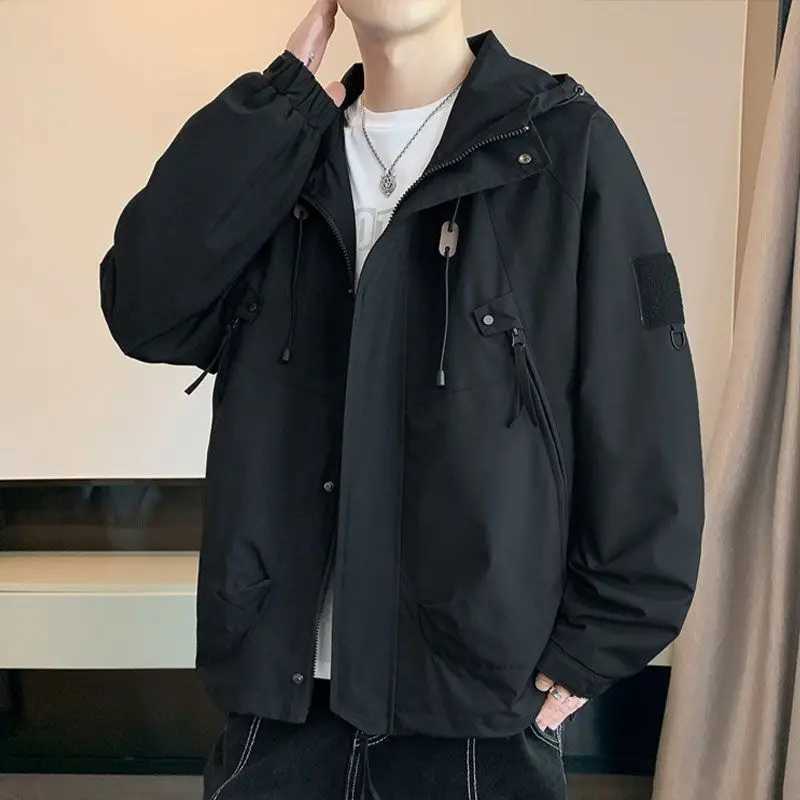 Spring Autumn Fashion Male Clothes Solid Color Jacket Chic Casual All-match Handsome Korean Youth Hooded Loose Waterproof CoatT250311