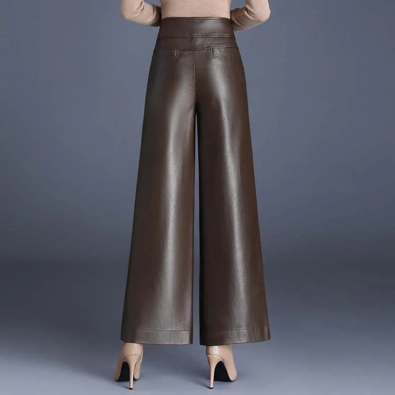 Autumn and Winter Solid Color High Waist Wide Leg Pants Casual Loose Straight Pants Slimfit Warm Pu Leather Pant Women 250305