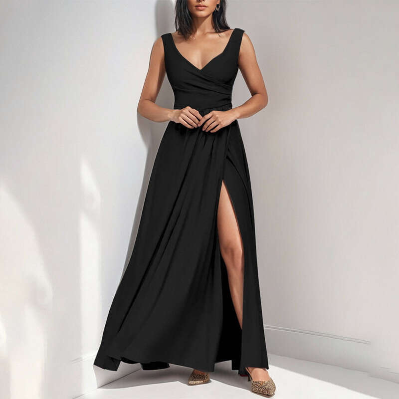 2025 Spring Women's Clothing Style Solid Color Strap Slips, Drawn Waist, Big Swing New Year Dress KLMY