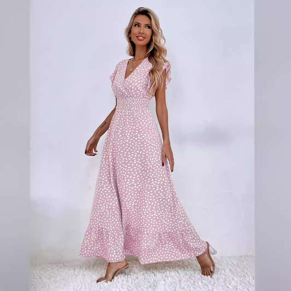 European American women's spring and summer V-neck waist cinched long skirt with ruffle edge dress for women 2025 new style temperament chic eleg