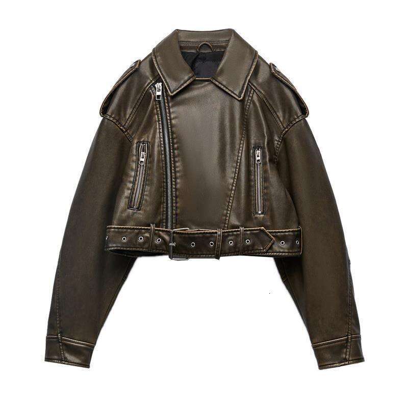 2023 Early Spring New Style Short Sleeved Lapel PU Washed Gradient Leather Versatile Jacket For Women