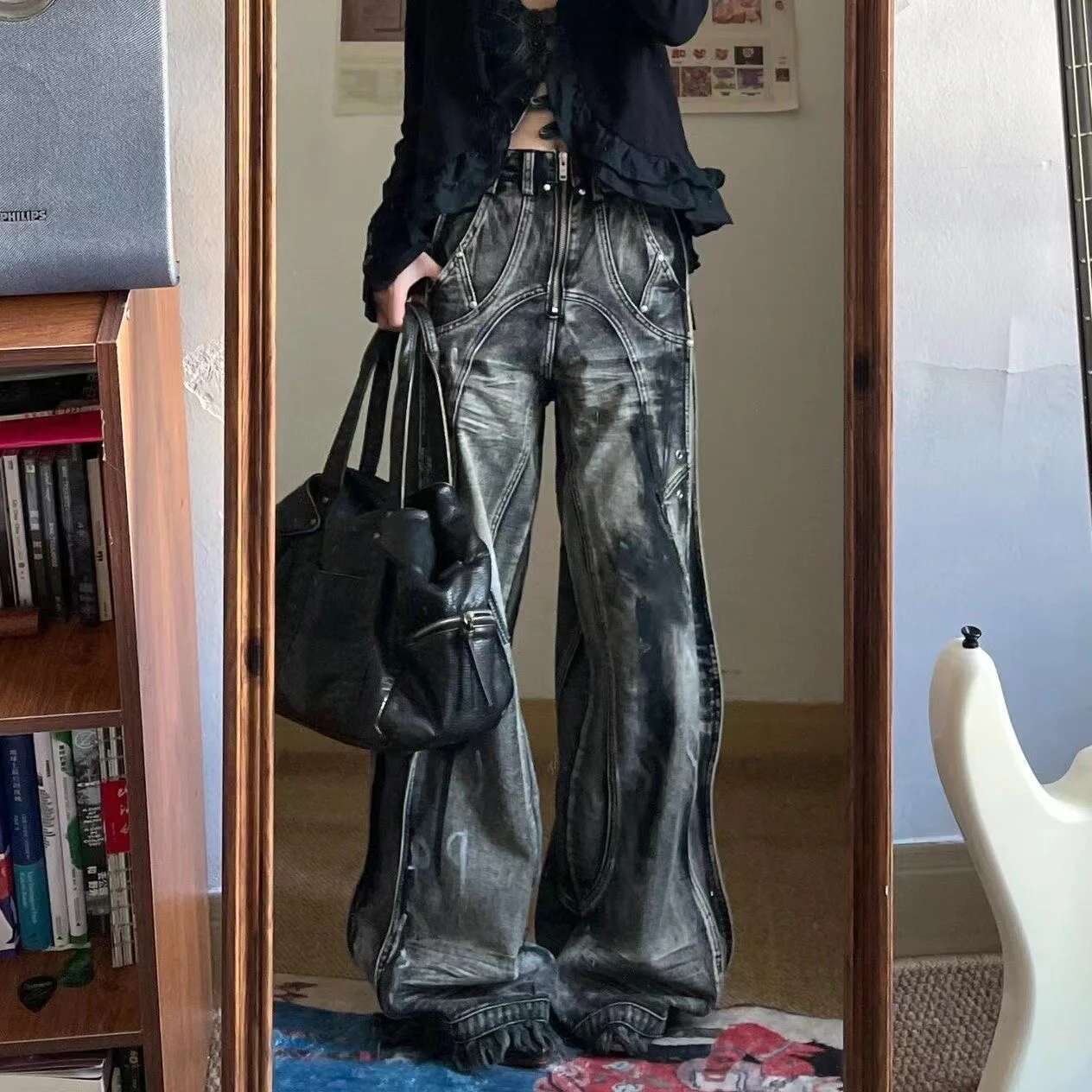 New American Vintage Hip-Hop Washing Fashion Striped Graffiti Jeans Women's Y2k Haruku Punk Gothic Wide Pants Streetwear