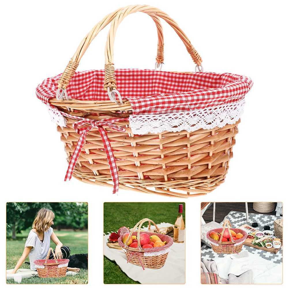 Picnic basket in red with handle large accessory basket round fruit blanket foldable table cooler for shopping X250311