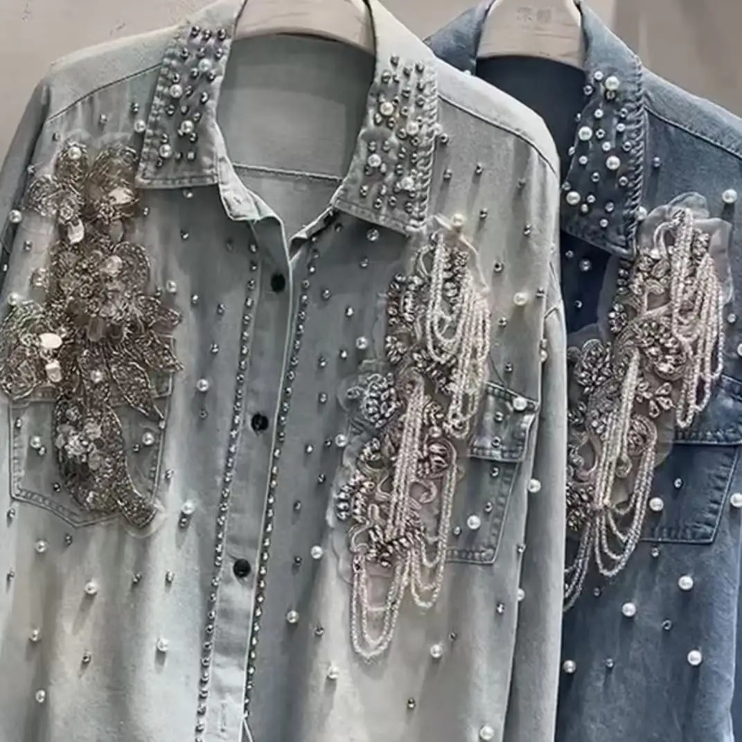 In Autumn Trend Crystal tassel Stitch Denim Shirts and Blouses Womens Loose Casual Top Jacket Woman Clothes 250311
