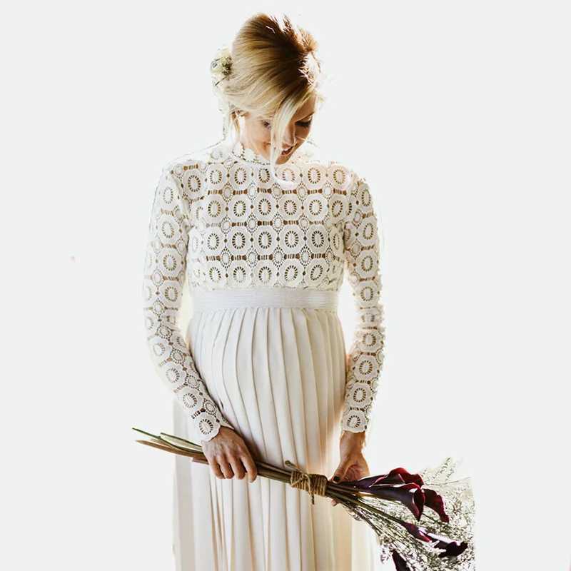 White maternity evening gown baby shower maternity conversation photos elegant women pregnant women long sleeved hollow long skirt X250224