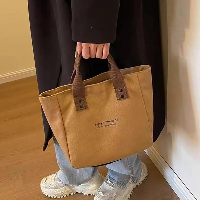 Solid Color Women Tote Bags Portable Reusable Canvas Shopping Bag Large Capacity Lunch 250311