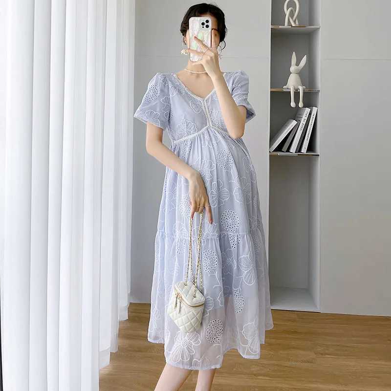 Korean Style Maternity Dress 2022 New Dress Temperament Fashion Lace Long Skirt Pregnant Mother High Waist Hollow Summer SkirtT250311