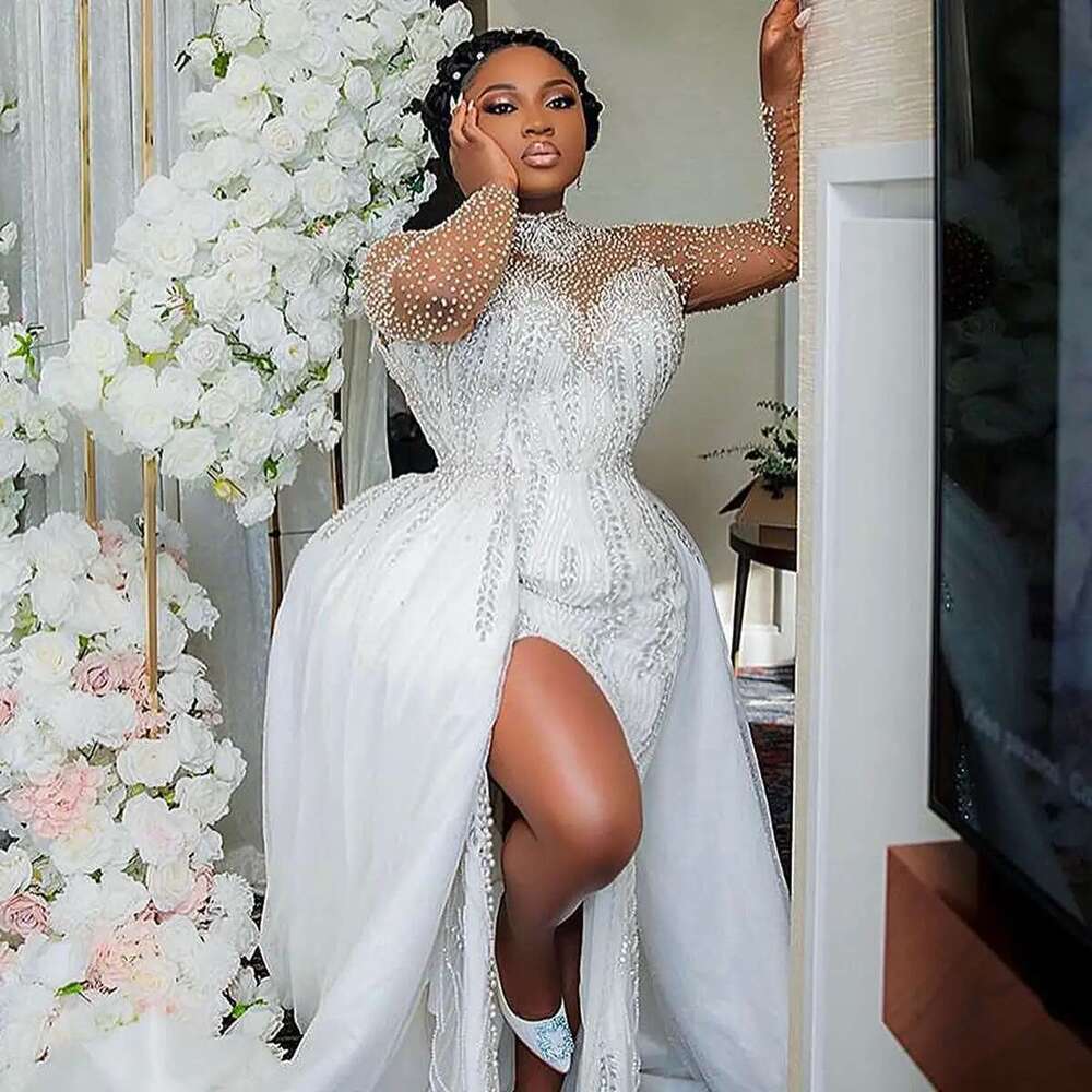 The High Neck Mermaid Dresses Female Plus Size Pearls Full Sleeve Beaded Lace Layered Ruffled Wedding Dress