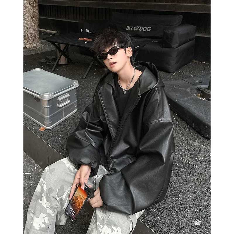 High-End Feel American Style Hooded Leather Jacket For Men Casual Loose Fit Street Motorcycle Fashion PU Leather JacketT250311