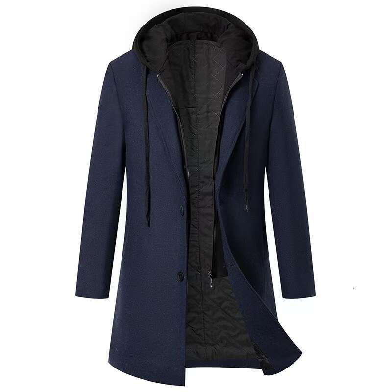 2023 New Korean Casual Woolen Medium Length Detachable Hat Trendy Coat Men's Wear