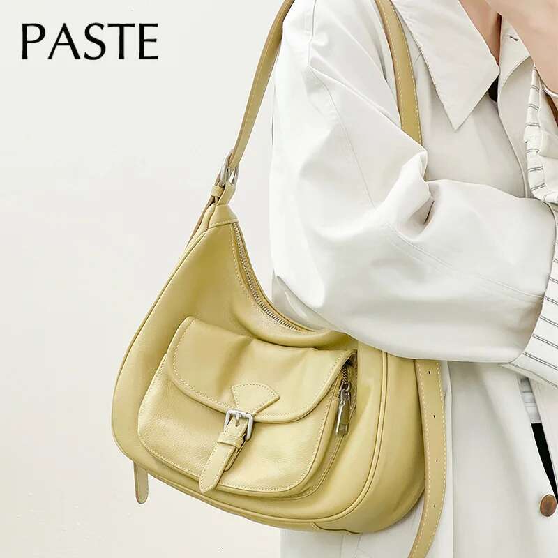 New Euro Stylish Cream Beige Light Yellow Color Armpit Tote 100% Genuine Cow Leather Women Shoulder Bag Leisure Handbag 2025