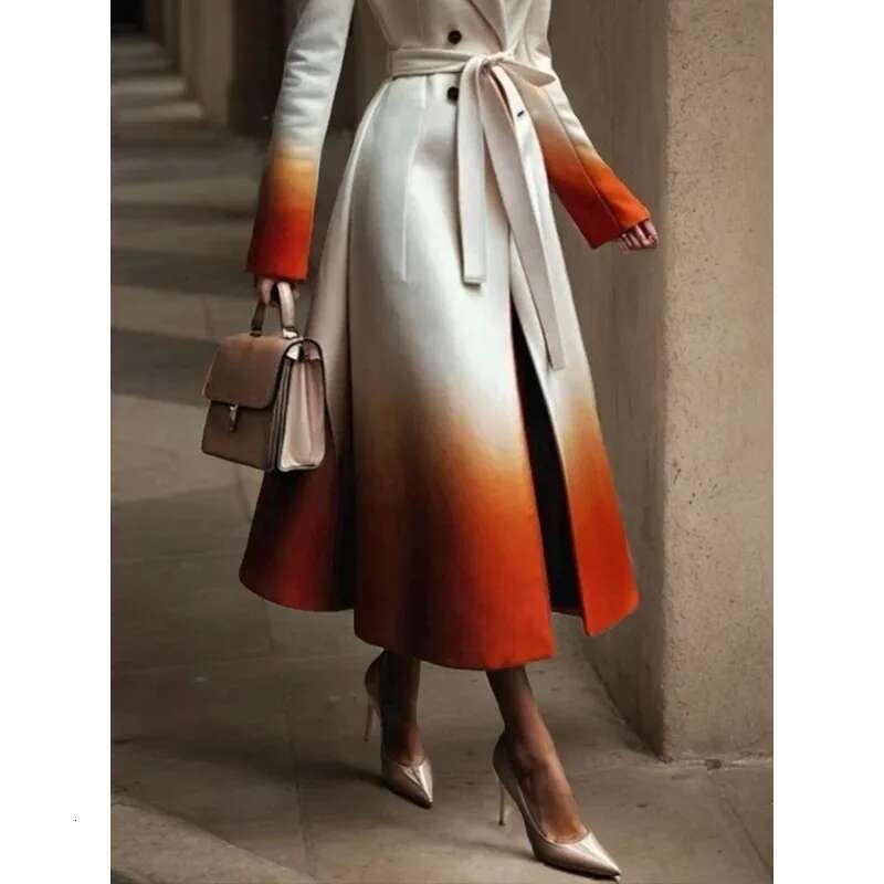 Modigirl Winter Coat For Women 2024 New Trendy Long Sleeves Split-Joint Tied Wais A-E Woman Gradient Coats Clothing