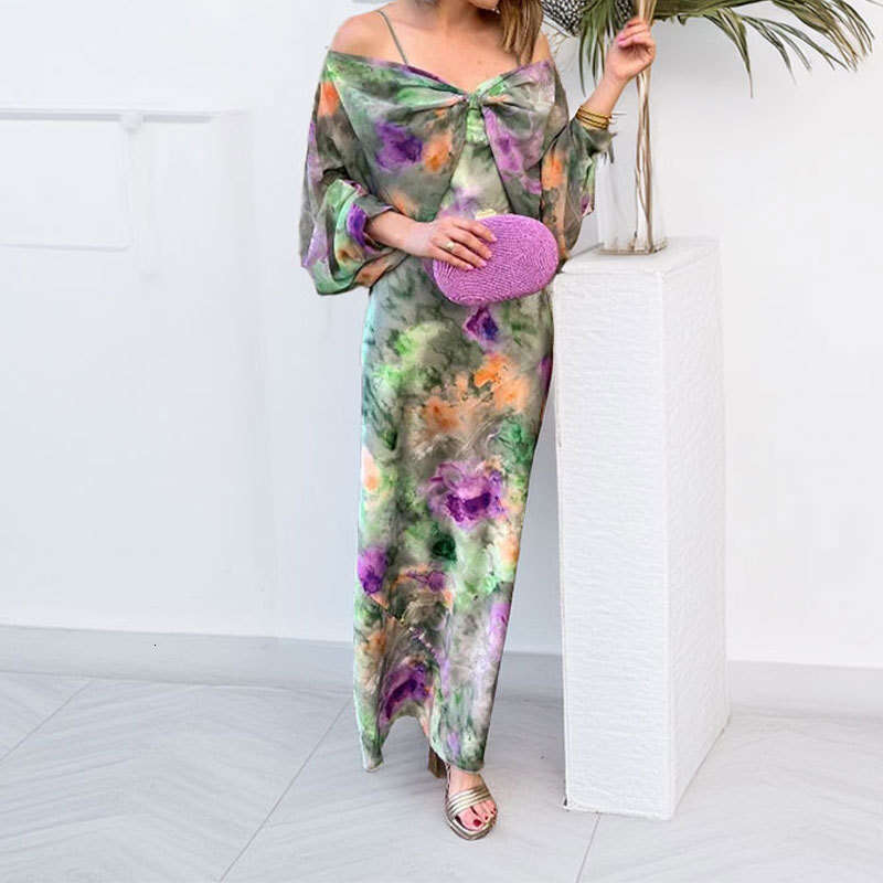 Women's Fashionable Elegant Sexy Vacation Style Printed Tie Dye Long Sleeved Beach Sling Set KLMY