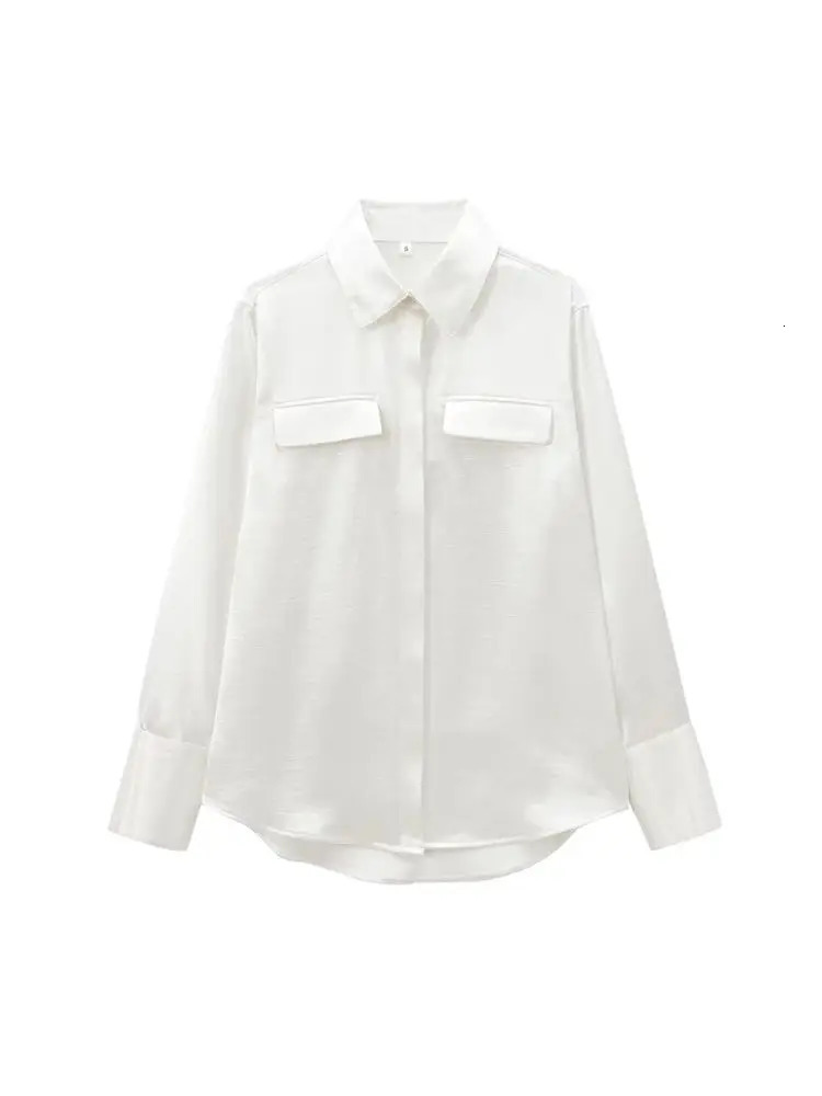 TRZASatin Shirts with Pockets for Women Long Sleeve Buttonup Female Blouses Chic Tops Fashion 250311