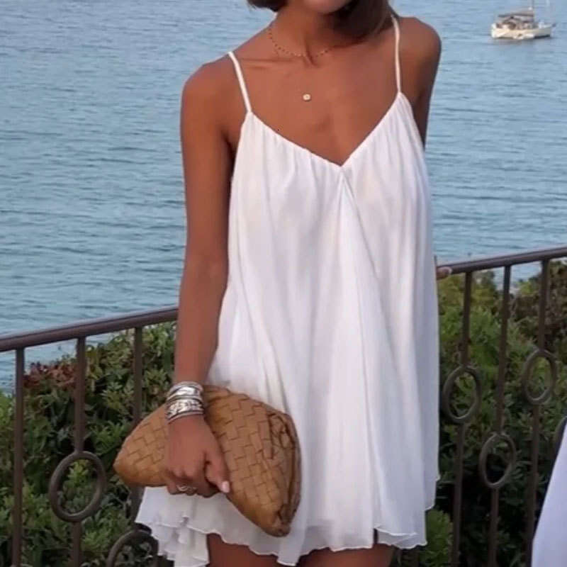 2025 Women's French Style Solid Color V-Neck Backless Loose Suspender Short Spring Dress 661 KLMY