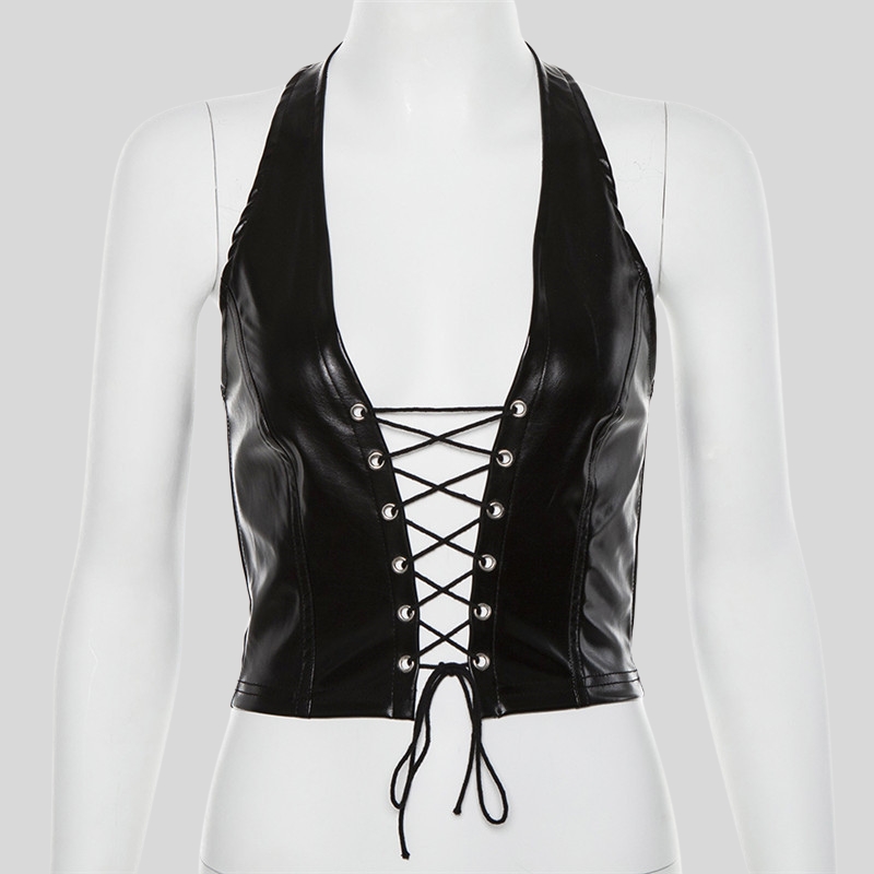 European and American style summer new women's clothing neck lace-up sexy lace-up hollow navel PU small vest women