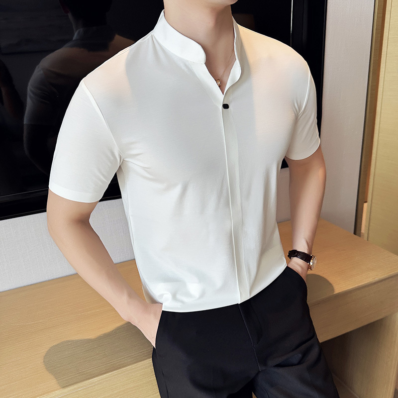 New Chinese style stand up collar with seamless drape and high elasticity, V-neck polo shirt, thin short sleeved t-shirt, 2025 summer new trend t shir