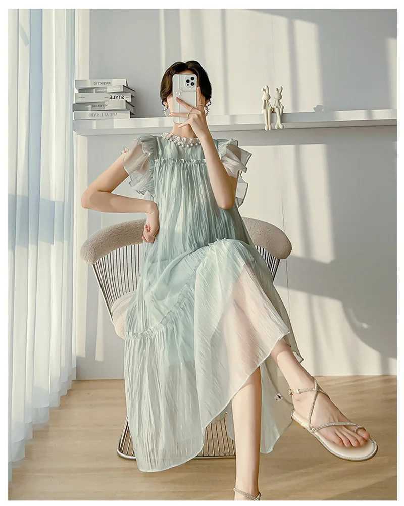 Maternity Clothes Silk Pleated Long Dress Skirt Summer Loose Casual Pregnant Women Short Sleeve Dress Vestido Pregnancy ClothingT250311