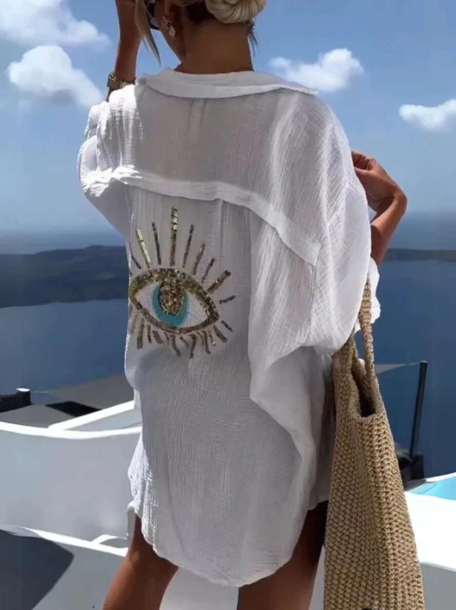 2024 Spring Oversize Women Shirt White Print Turn-Down Collar Long Sleeve Loose Blouses Female Casual Trendy Beach Lday Clothes