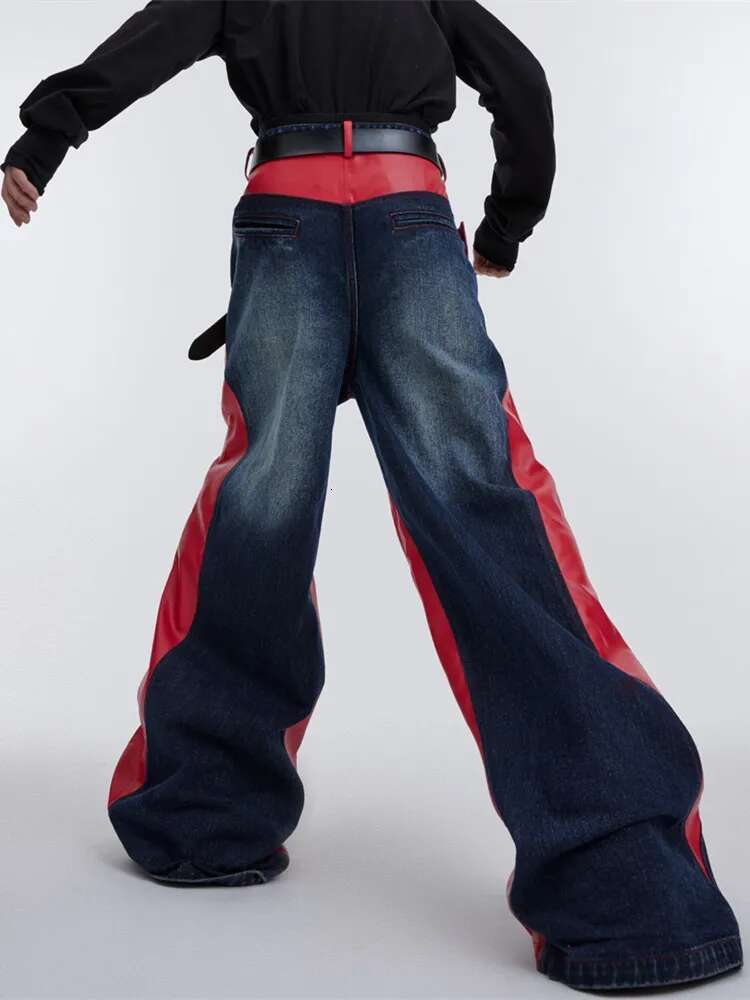 2025 New Product Launch Y2K Street Wear Red Pu Leather Patch Loose Jeans Men s Pants Fashion Designer Wide Leg Loose Casual Pants Cowboy Pants Hip Hop
