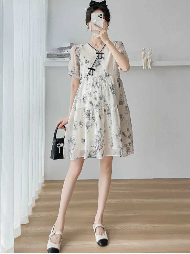2024 Summer Fashion Maternity Clothes Pregnancy Chinese Style Dresses Short Sleeve Elegant Pregnant Woman vestidos de fotografiaT250311