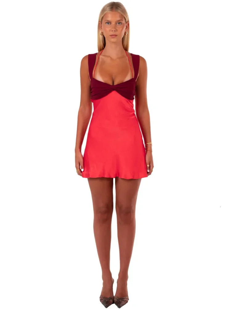 Sexy V Neck Open Back Pleated Mini Dress For Women Fashion Patchwork Satin Sleeveless Sling Dresses Lady Summer Club Dresses 250306
