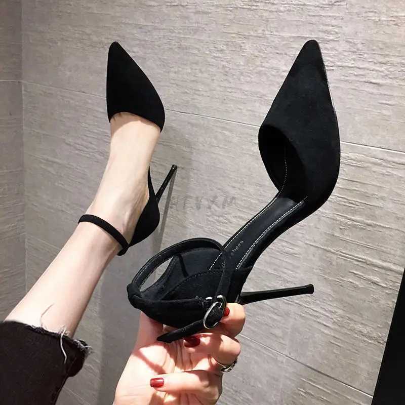 New 2022 Spring And Summer New Black High-Heeled Sandals French Girl Pointed Hot Toe Stiletto Buckle All-Match Wens Single Shoes Z250311