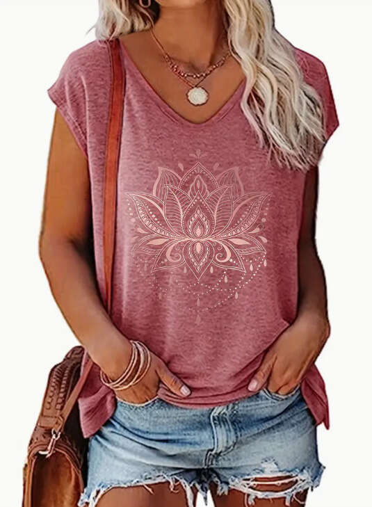 Large Size Short Sleeved V-neck Printed Loose Solid Color Urban Casual Pullover T-shirt for Women Graphic T Shirts Womens T Shirt Clothes