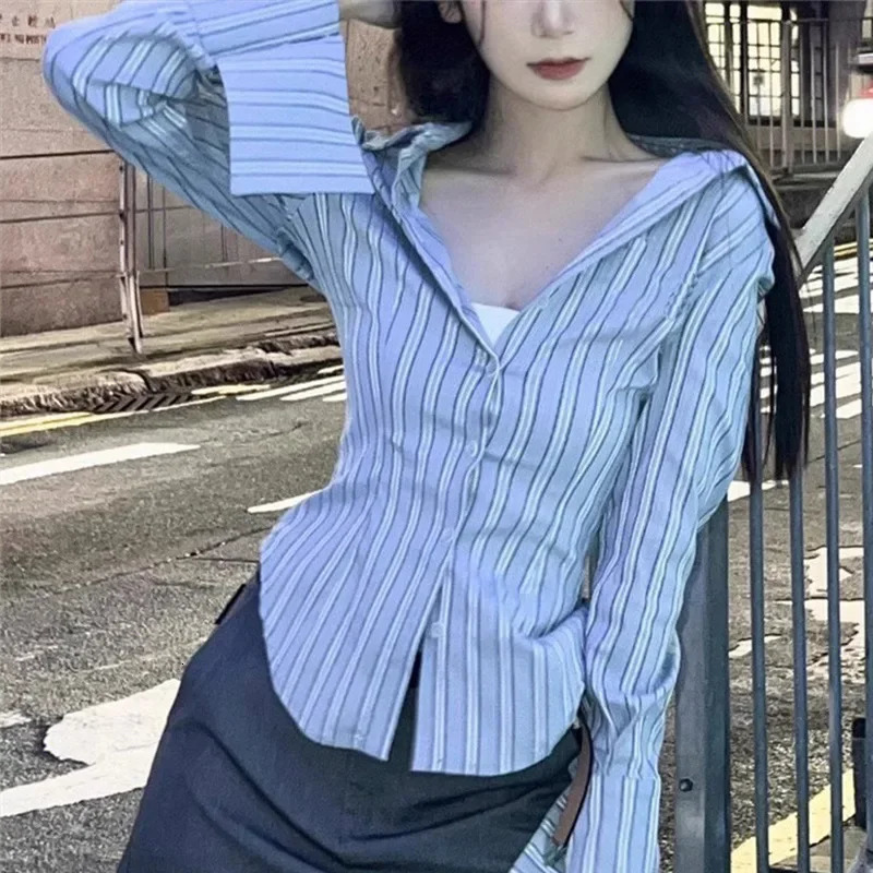 Long sleeved slim striped shirt top pure desire womens waist fit weight loss paradigm blue casual clothing 250311