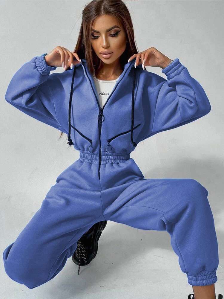 Autumn Women's Monochrome Long-Sleeved Jumpsuit Solid Color Zip-Up Sportswear Female Winter Casual Tracksuit Fashionable Hoodies