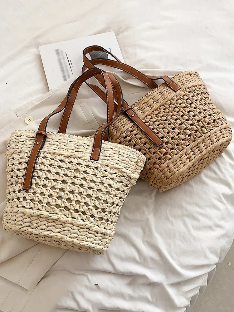 Summer Handwoven Straw Beach Tote Bags for Women Vintage Hollow Out Handbag Basket Rattan Vacation Shoulder Bag 250311