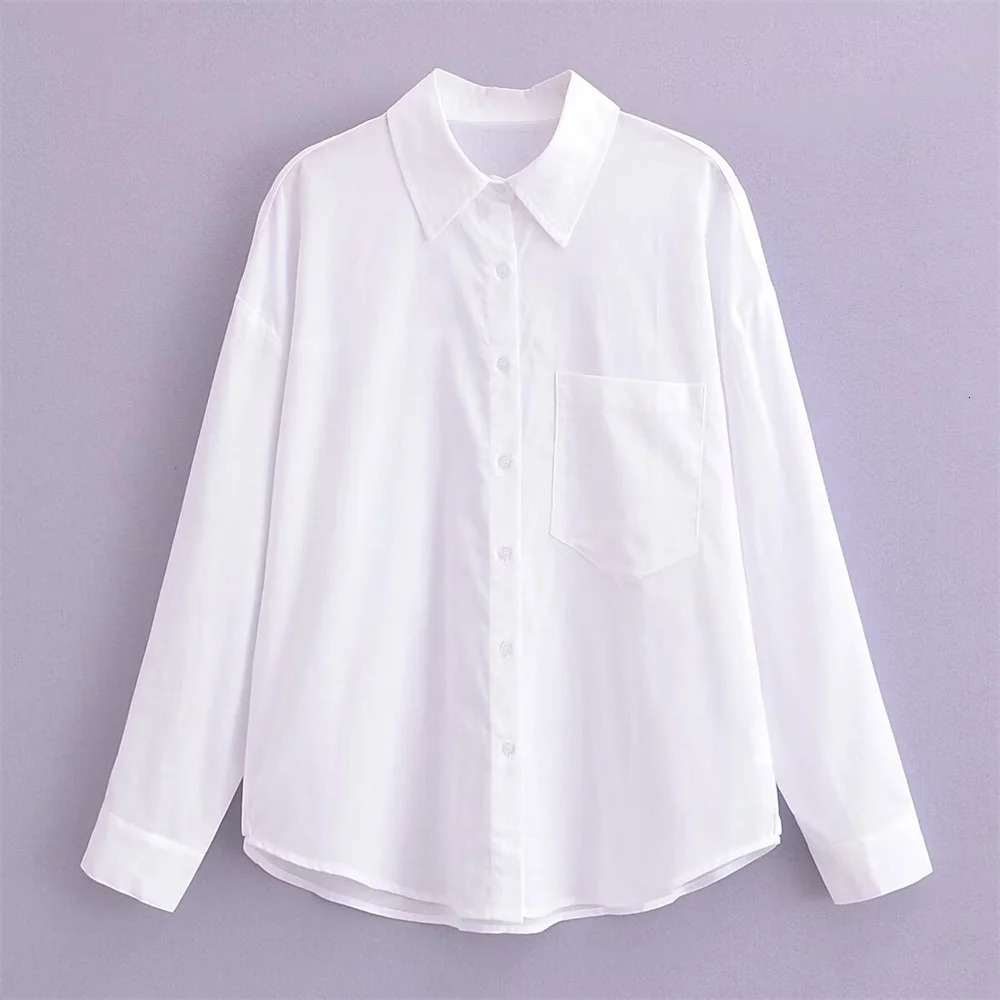ZAR SpringSummer Womens Pocket Decoration White Loose Slimming Basic Long sleeved Pure Linen Shirt 250311