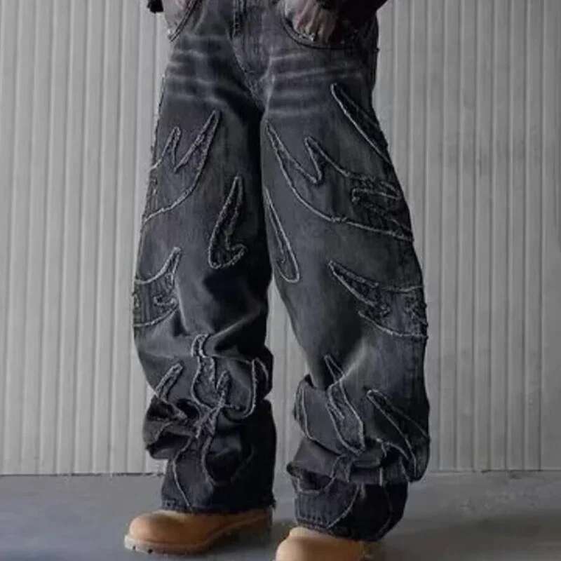 New Men s Y2k Fashion Designer Hip hop Loose Patch Denim Pants High Waisted Pants Street Retro Fringed Embroidered Black Hip hop Casual Pants 2025 New