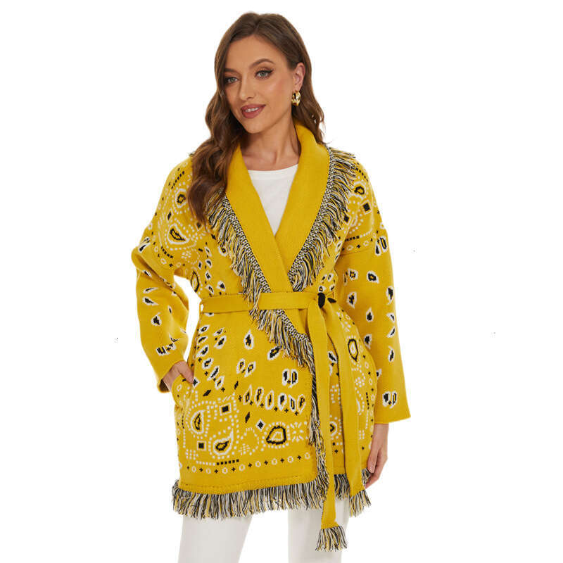 Autumn And Winter New Bohemian Sweater Jacket, Niche Dopamine Yellow Jacquard Wool Tassel Cardigan For Women