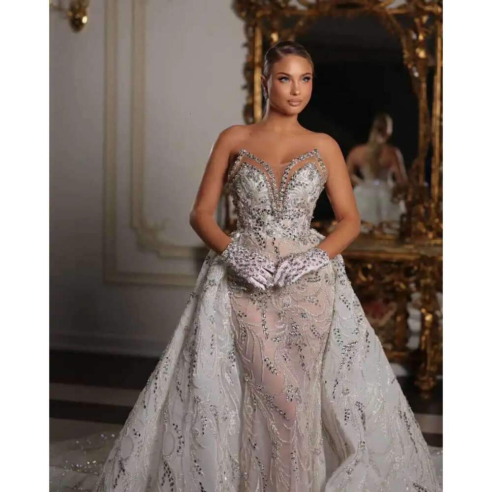 Beading v neckline mermaid sexy dress sequins lace arabic sleeveless custom wedding dresses