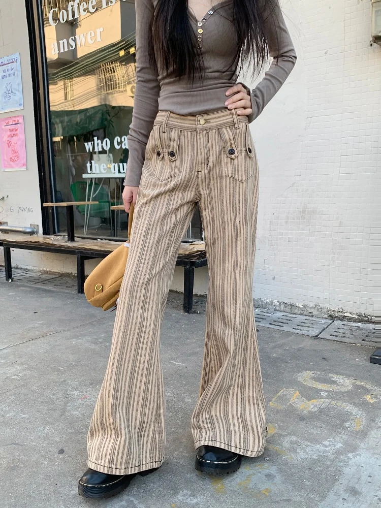 Clothing Y2K Fashion sweet Khaki Slim Striped Flare Jeans Pants For Women Clothes Korean Casual Lady Trousers Femme 250311