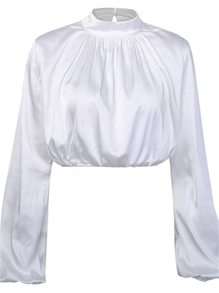 hoodie Shestyle White Satin Lantern Sleeve Blouse Office Lady Spring Solid Shine Loose Sexy Short Crop Tops Women High Waist Work Shirt jacket