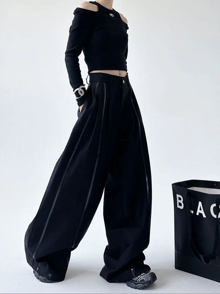 HOUZHOU Y2k Baggy Black Patchwork Pants Leather Striped Vintage Woman Oversized Harajuku Trousers Korean Casual Slacks Autumn 250305