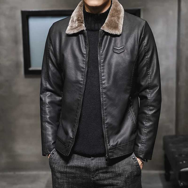 Fur collar Leather Jacket men Plus Velvet coats Thick Warm Fashion Autumn Winter Mens Leather jacket Top Large Size PU CoatsT250311