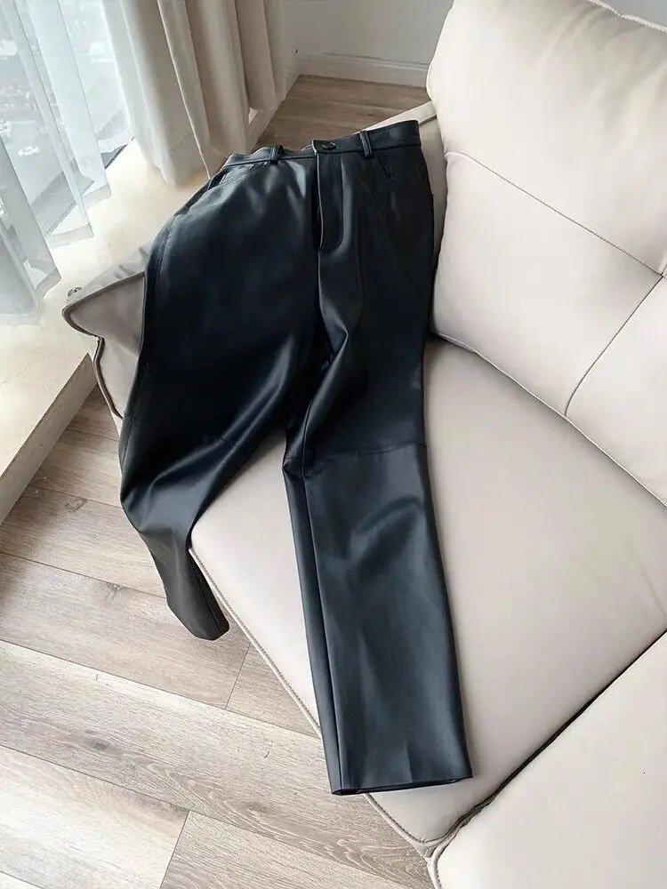 Streetwear Women Pants 2024 Korean Fashion Genuine Leather Pants Women High Waist Trousers High Quality 250305Z